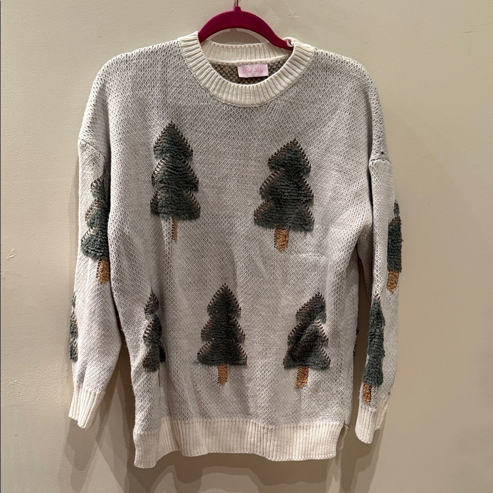 Pink Lily Cream Sweater with Green Tree Motif
